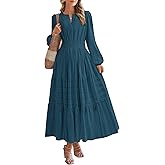 BTFBM Spring Dresses for Women 2026 Casual Long Sleeve V Neck Elastic Waist Lightweight Maxi Wedding Guest Dress Pockets