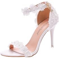 Amazon.com | Crystal Queen Women White lace Ankle Strap High Heel ...