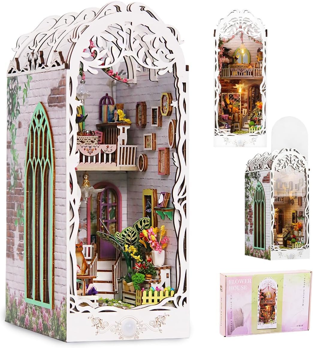 Book Nook Kit Decorative Bookend Stand Creative Bookshelf Miniature Booknook Kit 3D Wooden Puzzle for Adults Room Dollhouse Decoration (Garden House)