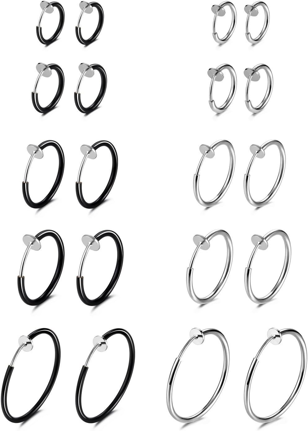 Evevil Fake Nose Ring Clip On Hoop Earrings for Women Faux Lip Septum Ring Spring Endless Hoop Earrings Non Piercing Lobes Men Girl (10 Pairs,13mm-25mm,Black,Silver,Gold,Rose Gold)