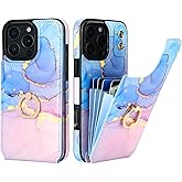 HAOPINSH for iPhone 16 Pro Max Wallet Case with Card Holder, 360°Rotation Ring Kickstand, Pink Blue Marble Pattern, RFID Blocking Leather for Girls Women, Double Buttons Protective Cover 6.9"