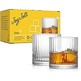 JoyJolt Elle 10oz Double Old Fashioned Whiskey Glasses - Set of 2, Lead-Free Glassware, Dishwasher Safe, Vintage Style Drinking Glasses