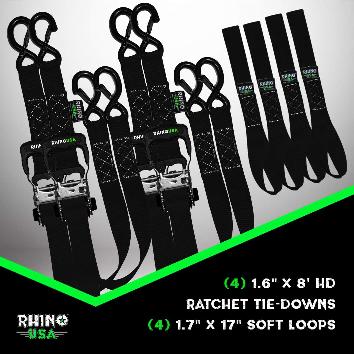 Rhino USA Ratchet Straps Heavy Duty Tie Down Set, 5,208 Break Strength - (4) Heavy Duty 1.6" x 8' Cargo Tiedowns with Padded Handles & Coated Chromoly S Hooks + (4) Soft Loop Tie Downs Strap (Black): Automotive