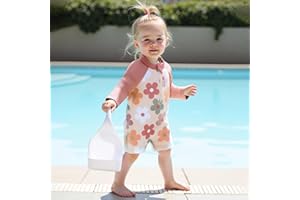Toddler Baby Girls Beach Swimwear Long Sleeve Flora Print Zip Up Bathing Suits with Hat
