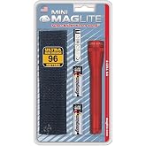 MagLite Mini Incandescent Flashlight &ndash; Compact, Water-Resistant, Twist On/Off, 2-Cell AA Battery-Powered with Holster &ndash; Red