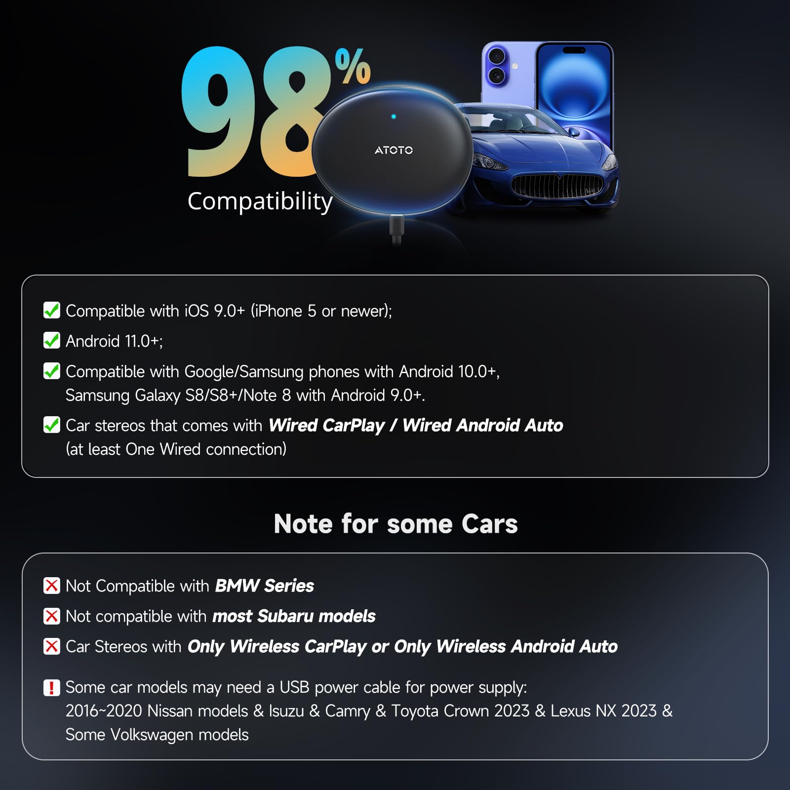 ATOTOZONE AD5 Adattatore Wireless CarPlay & Android Auto, Car Video Box Plug & Play, Aggiornamento 2025 Ai Box CarPlay con Netflix, YouTube, Dual Wi-Fi, Bluetooth, ChatGPT, Nero Grigio
