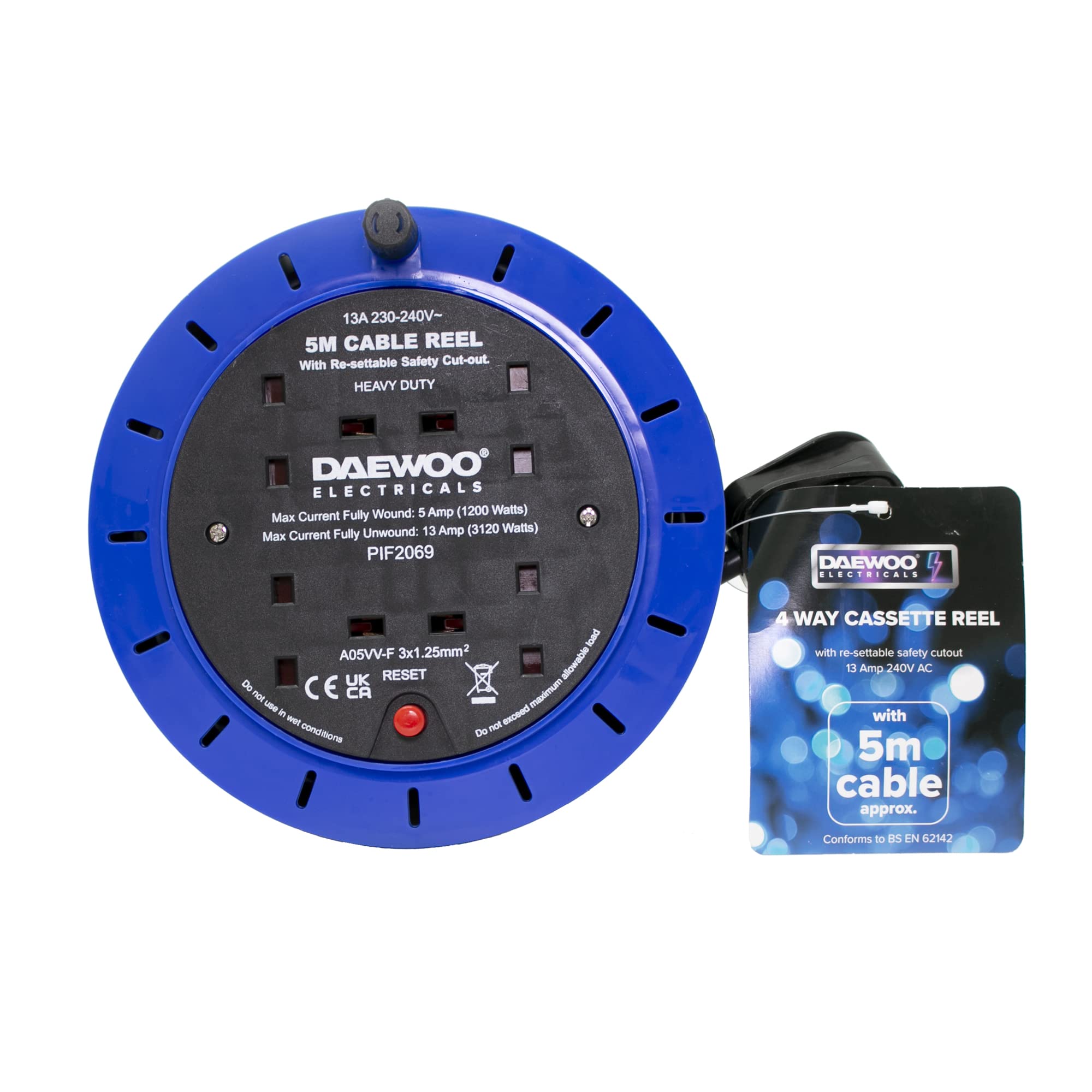 Daewoo Extension Reel, Cassette Reel, 4 Gang, 5 Metre, Black And Blue