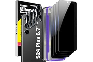 Milomdoi 4 Pack Privacy Screen Protector for Samsung Galaxy S24 Plus 6.7 Inch with 4 Pack Tempered Glass Camera Lens Protector, Ultra 9H Accessories, Case Friendly, Mounting Frame, 2.5D Curved