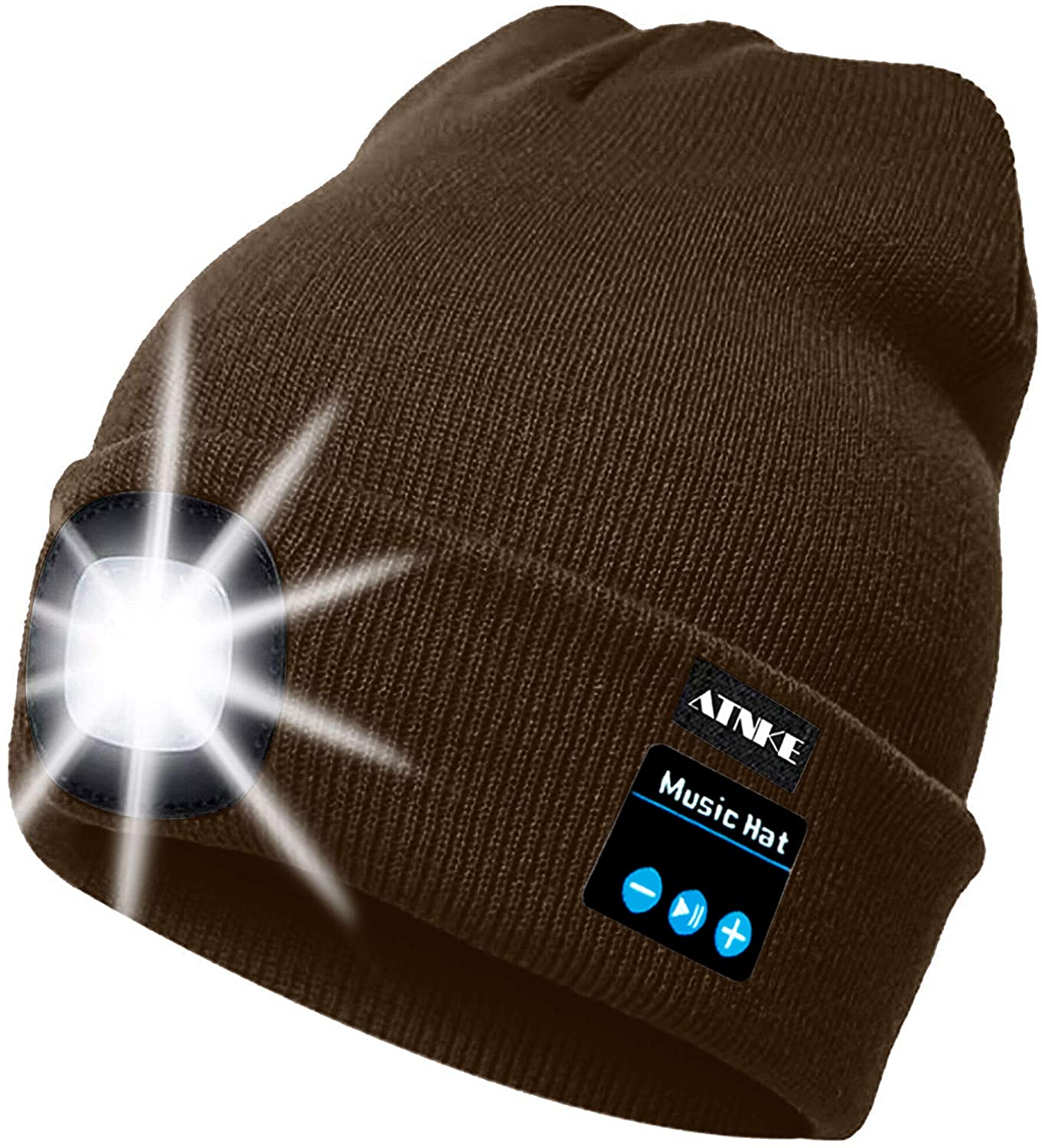 ATNKE LED Lighted Bluetooth Beanie Cap, USB Rechargeable Wireless Musical Running Hat Ultra Bright 4 LED Light Lamp Use for Skiing Hiking Camping Cycling/Coffee