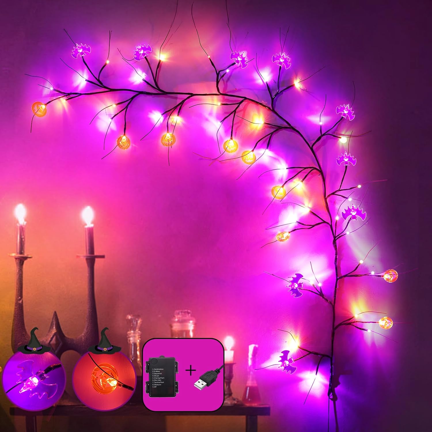 Wreaths, Garlands & Swags - Lecone Halloween Decoration Lights, Halloween Willow Vine 6Ft 54 LED Garland Lights with 18 Pumpkins & Bats, Orange and Purple Halloween Lights Indoor with Timer 8 Modes [USB & Battery Operated]