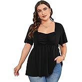 ShopWonder Women Plus Size Sweetheart Neck Tunic Tops Short Sleeves Pleated Peplum Babydoll Casual Blouse T shirts