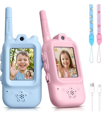 Lot de 2 talkie-walkies vidéo améliorés pour enfants de 3, 4, 5, 6, 7, 8 ans, cadeaux pour filles et garçons de 3, 4, 5, 6, 7, 8 ans, jouets pour
