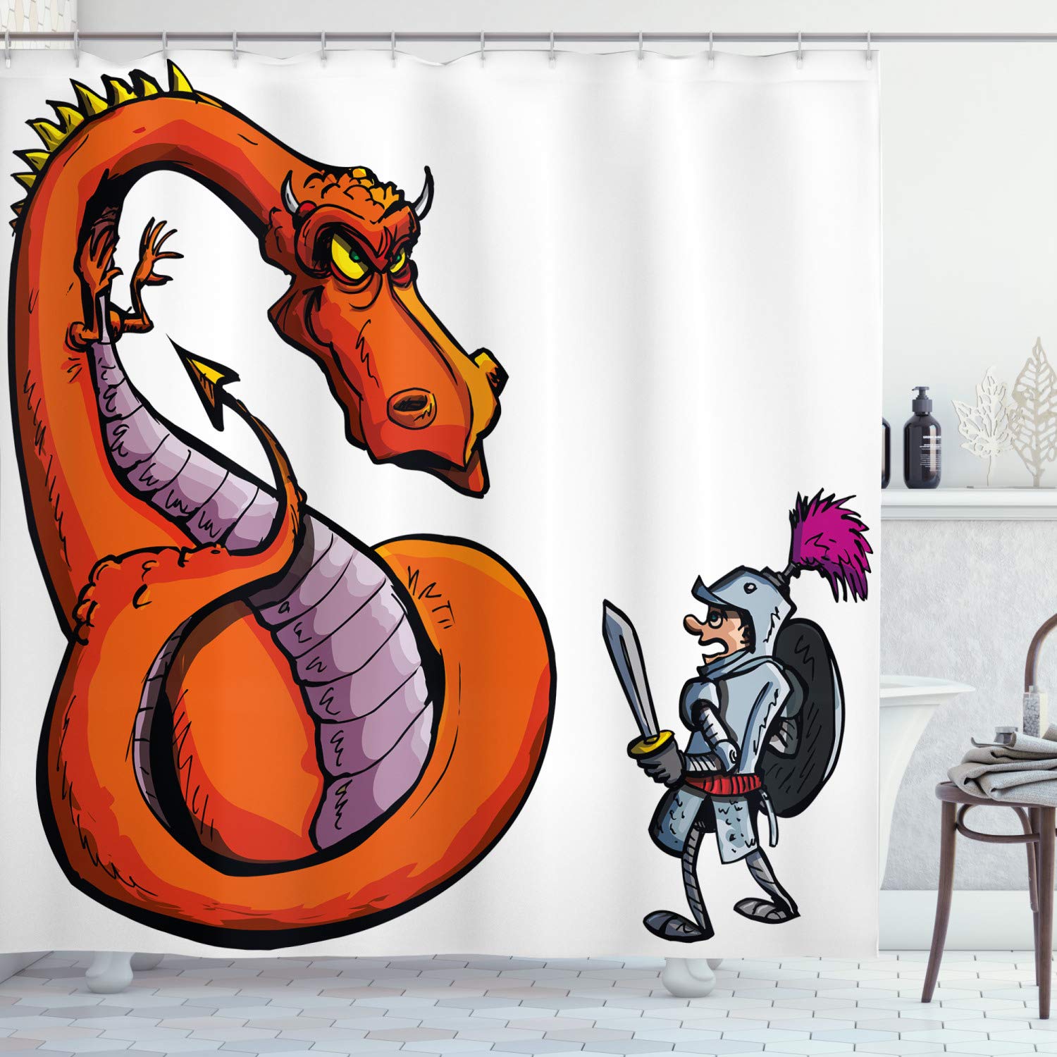 ABAKUHAUS Dragon Shower Curtain, Cartoon of a Knight Facing a Fierce Fire Spitting Character Medieval Humor Sketch, Cloth Fabric Bathroom Decor Set with Hooks, 78 Inches, Multicolor