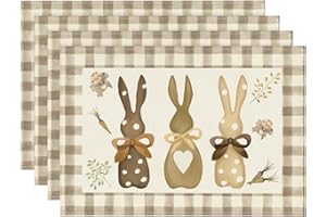 Artoid Mode Buffalo Plaid Bunny Happy Easter Placemats Set of 4, 12x18 Inch Seasonal Holiday Table Mats for Party Kitchen Dining Decoration