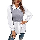 WDIRARA Women's Two Tone Lantern Long Sleeve Button Front Shirt Peplum Blouse Top