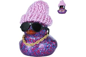 FINEED Purple Glitter Rubber Duck with Knit Hat, Black Sunglasses & Gold Necklace - Car Dashboard Decorations, Tiny Rubber Du