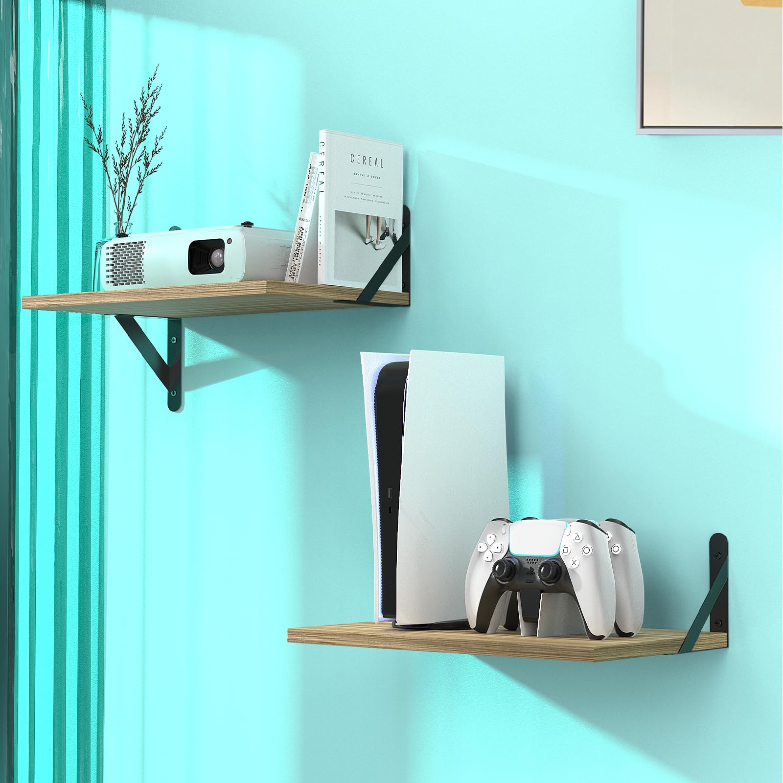 Photo 1 of DAWASAPAT Small Mini Projector Mount, Projector Shelf/Cable Box Wall Mount/Router Wall Mount,Projector Holder Stand Wood Shelves 2pcs with Cable Ties-Oak