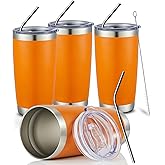 COMOOO 20oz Tumbler Bulk Double Wall Vacuum Insulated Travel Mug, Stainless Steel Tumbler with Lid and Straw Durable Powder Coated Insulated Coffee Cup for Cold & Hot Drinks (Orange, 4 pack