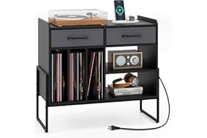 Giantex Large Record Player Stand with Charging Station, Modern Turntable Stand w/2 Fabric Drawers & Adjustable Shelf, Record