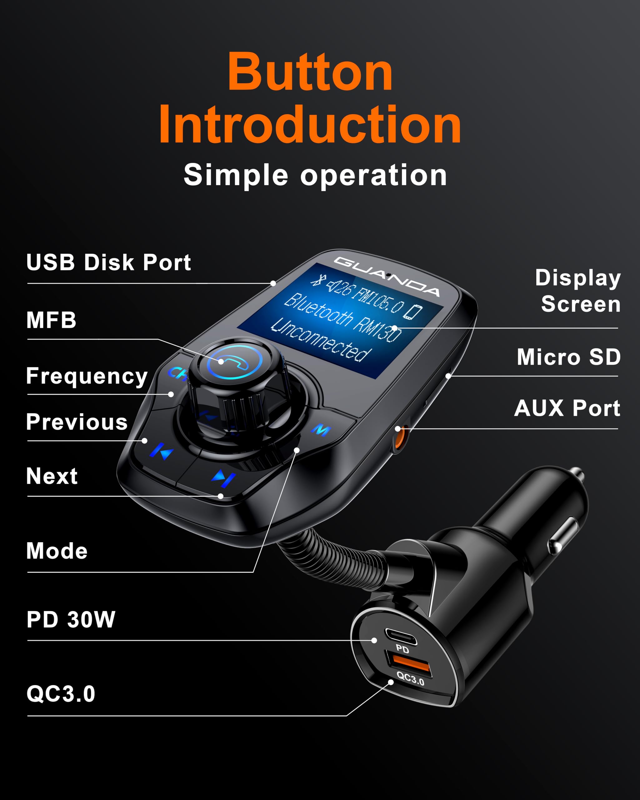 FM-Transmitter Bluetooth 5.3 für Autos, Bluetooth-Radioadapter-Transmitter für Autos, kabelloser Audio-Transmitter und -Empfänger, 1,44-Zoll-Display, AUX-EIN-/Ausgang, SD-/TF-Karte, USB-C-Ladegerät 5