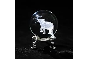 VSKIKRIS 3D Laser Crystal Ball Paperweight Lucky Elephant with Trunk UP Figurine Glass Crystal Ball with Stand Gift