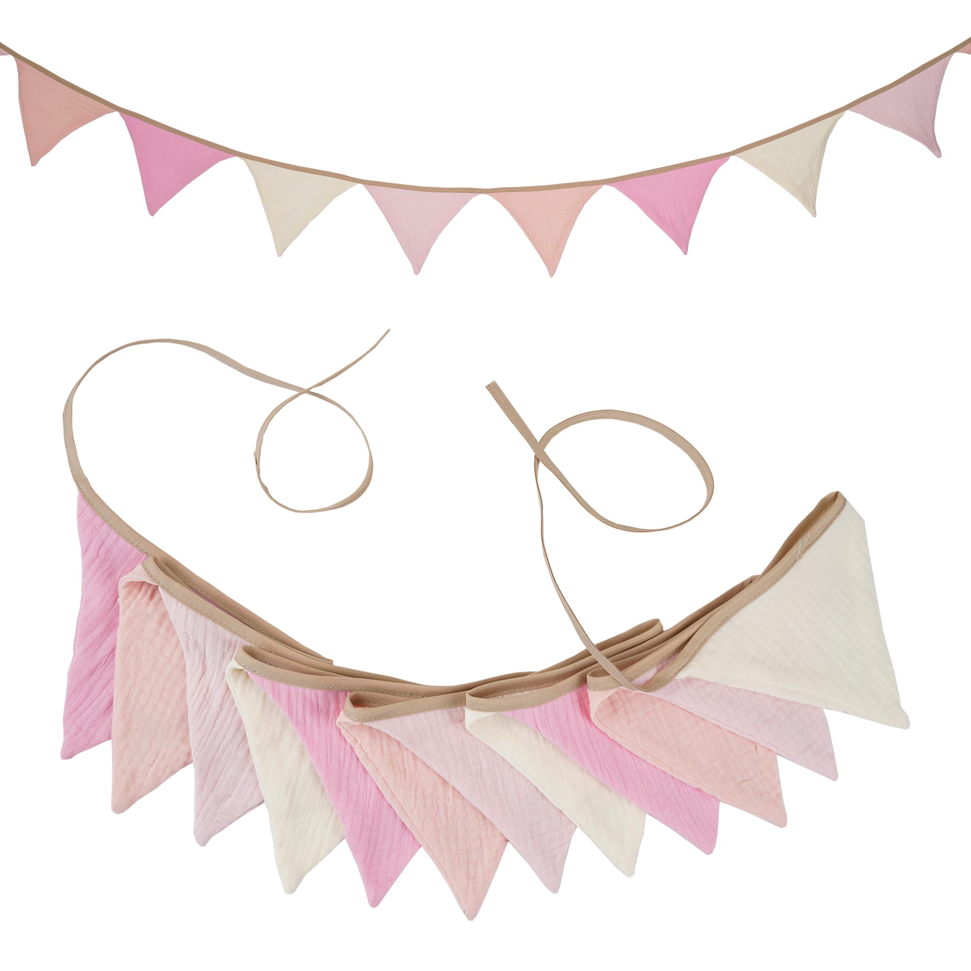 G2PLUS Muslin Fabric Bunting for Nursery: 12PCS Double Side Cloth Triangle Banner, Pastel Pink Cotton Bunting Banner for Baby Room, Nursery, Baby Shower Decor, 2.8m