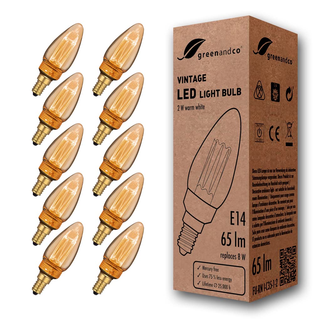 greenandco 10x Decorative LED Vintage Light Bulb | E14 C35 | Amber | 2W 65lm | 1800K Extra Warm White | 320° | 230V | Flicker Free | Not Dimmable