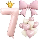 LilyZheng Pastel Pink Number 7 Foil Balloon Set with Gold Crown, Bow, Pink and Cream Heart Balloons for Girls 7th Birthday Party Decorations