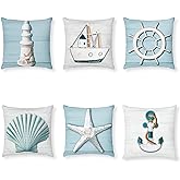 Tatuo 6 Pieces Ocean Beach Pillow Covers 18 x 18 Inch Nautical Summer Sea Theme Cushion Covers Starfish Lighthouse Sailboat Anchor Sea Shell Coastal Throw Pillow Cases for Home Bed Decoration