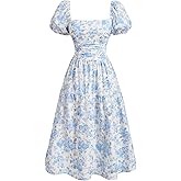WDIRARA Women's Floral Print Puff Sleeve Square Neck Midi Dress Boho Ruched Smocked Ruffle A Line Dresses