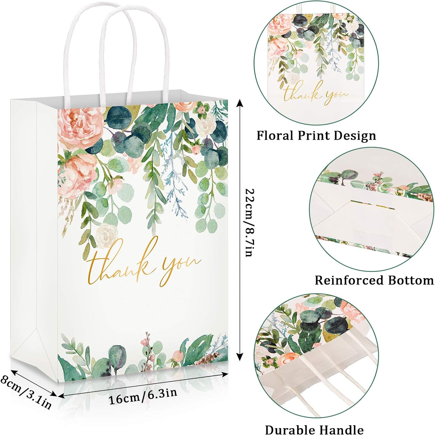 Whaline 16Pcs Floral Design Small Thank You Bags Thank You Party Bags Small Paper Bags White Kraft Paper Bags Party Favor Bags for Wedding Birthday Baby Shower Party Favors 6.3 x 8.7 x 3.1inch : Office Products