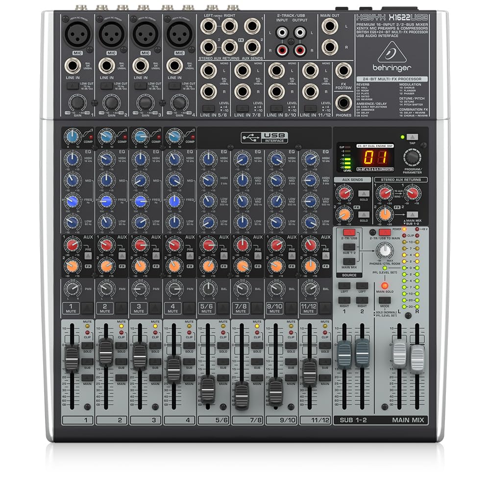 Behringer XENYX X1622USB Premium 16-Input 2/2-Bus Mixer with XENYX Mic Preamps and Compressors, British EQ, 24-Bit Multi-FX Processor and USB/Audio Interface