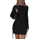 PRETTYGARDEN Long Sleeve Dress for Women 2026 Fall Off The Shoulder Cocktail Party Spring Mini Ruched Bodycon Dresses