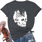 Funny Shirts for Women Vintage Skull Tshirt Holiday Short Sleeve Tops | Novelty Skeleton Floral Ghost Graphic Tees Casual Workout Tops