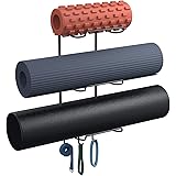 Yoga Mat Rack Wall Mount, Yoga Mat Holder Wall Mount, Yoga Mat Storage for Foam Roller and Yoga Brick, with 3 Hooks for Hangi