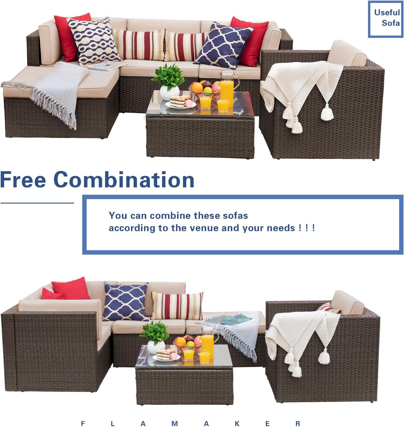 Flamaker 6 Pieces Patio Furniture Set Outdoor Sectional Sofa Outdoor Furniture Set Patio Sofa Set Conversation Set with Cushion and Table (Beige): Garden & Outdoor