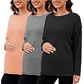 Ecavus Women's Oversized Maternity Shirts Long Sleeve Side Slit Pregnancy Tee with Pocket Fall Winter Mama Clothes