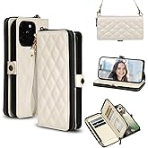 Rssviss Crossbody Wallet Case for iPhone 15 Pro Max, PU Leather Phone Case with RFID Blocking Card Holder, Zipper Purse Flip Cover with Wrist Strap for iPhone 15 Pro Max 6.7 inch Women, White