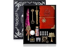 TIANREN Quill Pen and Ink Set,Antique Feather Dip Pen,Antique Calligraphy Pen with 5 Replaceable Nibs,Wax Seal Stamp kit,Wax Beads & Leather Writing Notebook Gift for Men&Women.(PurpleRed)