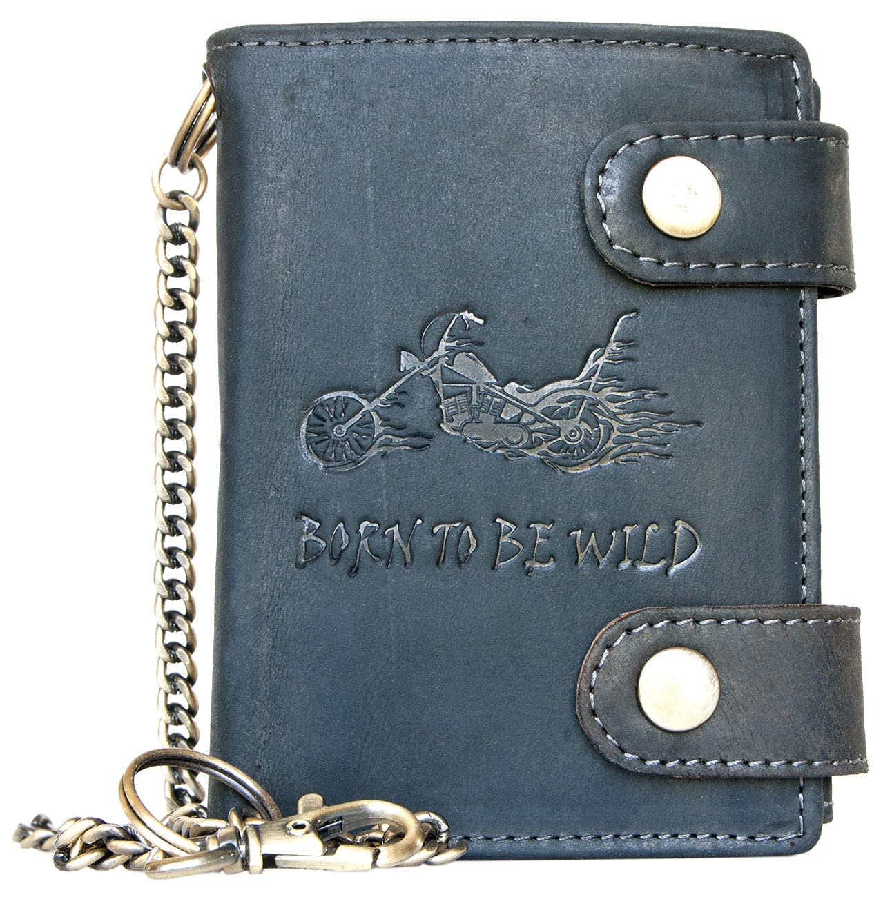 Born to be wild Grey Genuine Leather Tri-Fold Wallet with Metal Chain for Men