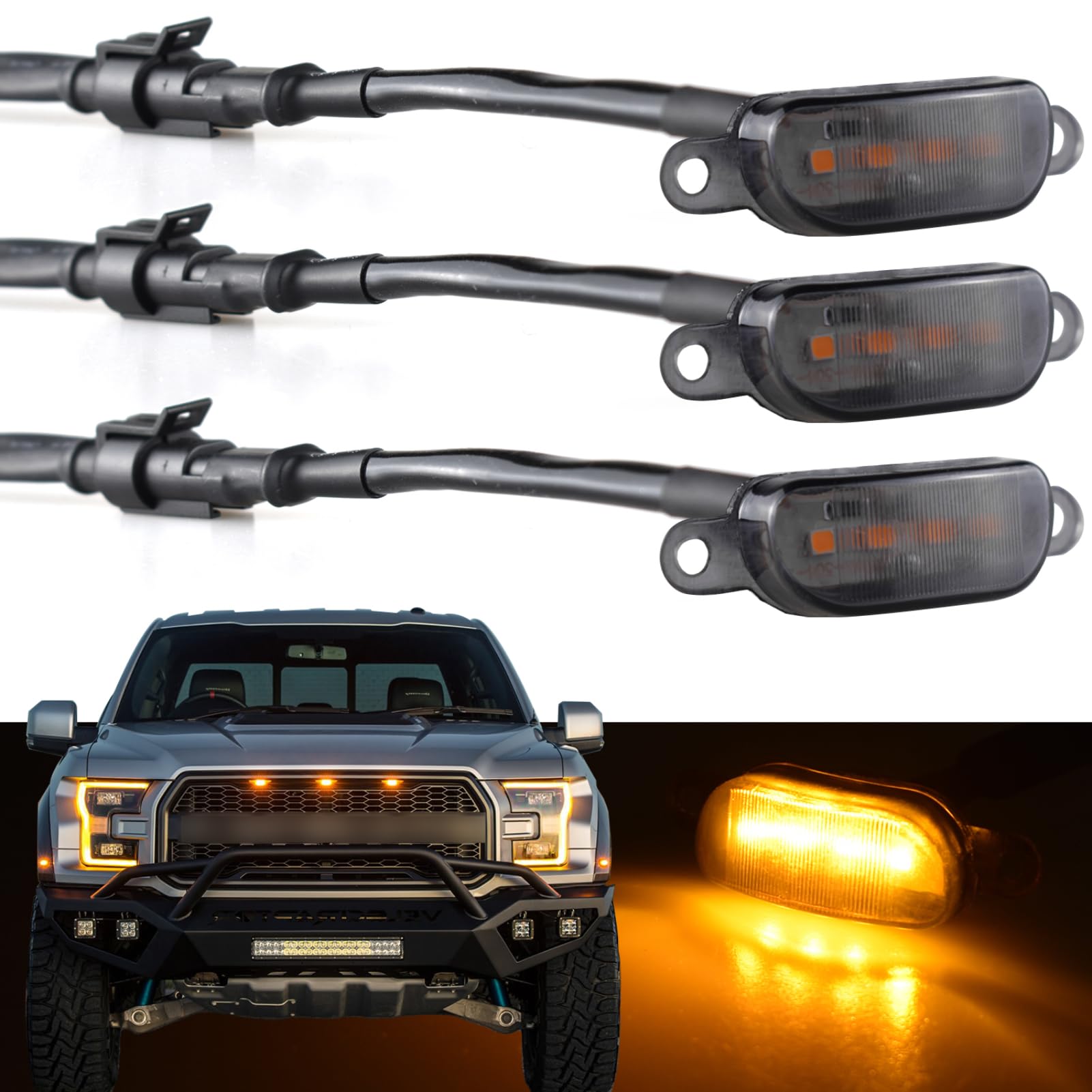 Photo 1 of Boigoo Truck Front Grille Light Compatible with Ford F150 Raptor 2004-2019 & Dodge Ram 1500 2013-2018 Raptor Style Aftermarket Grilles, Trucks Grid Decorative Yellow LED (Amber Lights Smoked Lens)