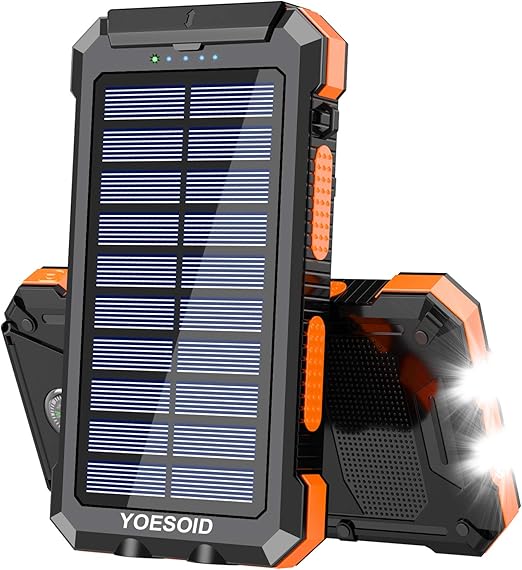 Amazon Com Solar Charger mah Yoesoid Portable Solar Power Bank Outdoor Waterproof Camping External Backup Battery Pack With Dual Usb Ports 2 Led Light Carabiner And Compass Compatible Most Smart Phones