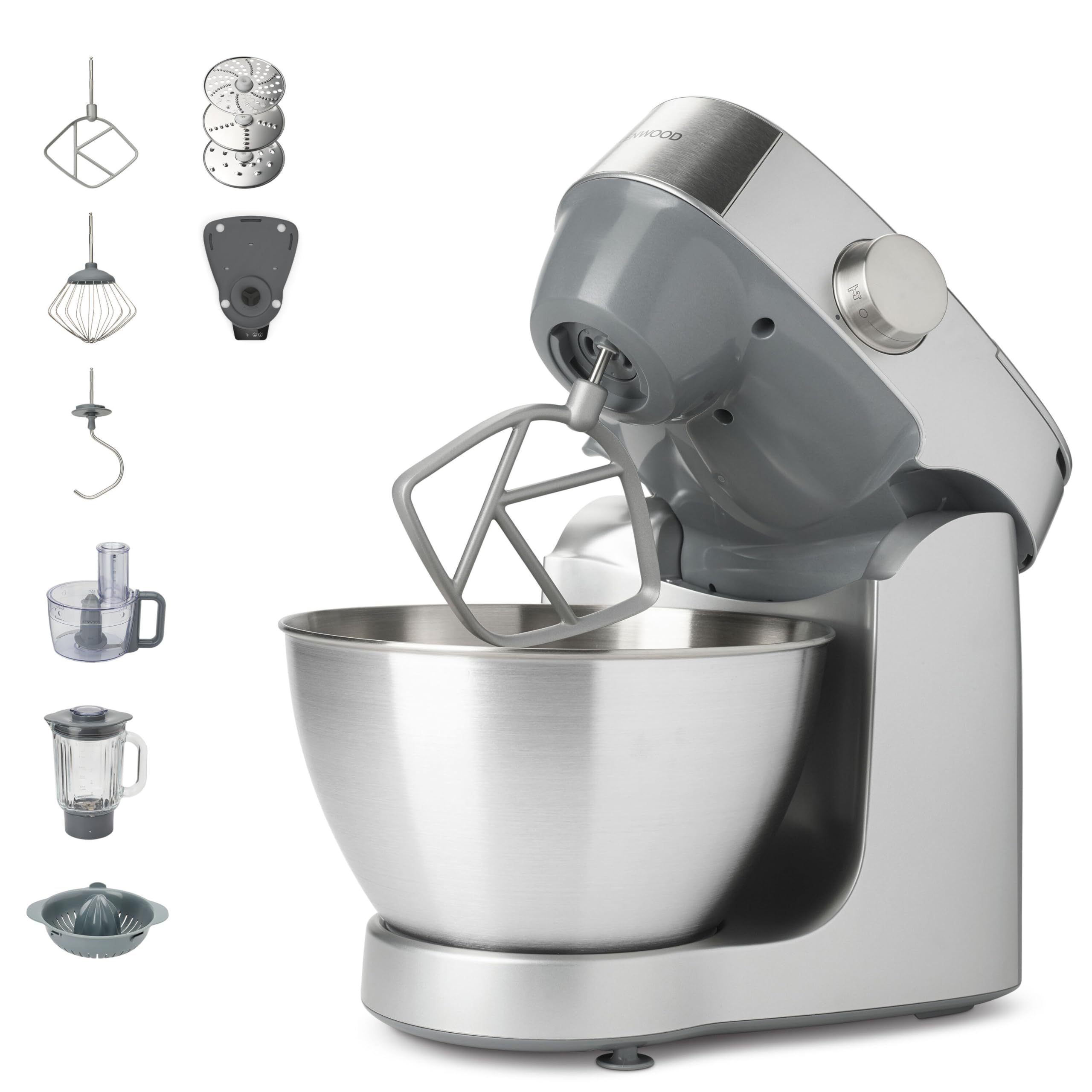 Kenwood Prospero+ KHC29A.O0SI Knetmaschine, Schüssel aus Edelstahl 4,3 l, inklusive Zubehör-Set 10 Stück + 3 Haken und Schneebesen, Glasmixer, Food Processor 3 Scheiben, Zitruspresse + Waage, silber