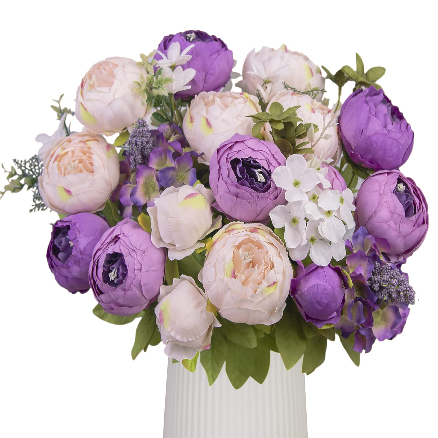 HUAHUASHIJIE Vintage Artificial Peonies Silk Peony Flowers Bouquet for Wedding Bridal Home Décor – Beautiful Floral Centerpiece Arrangement Decoration with 2 Bouquets (Light Pink, Purple)