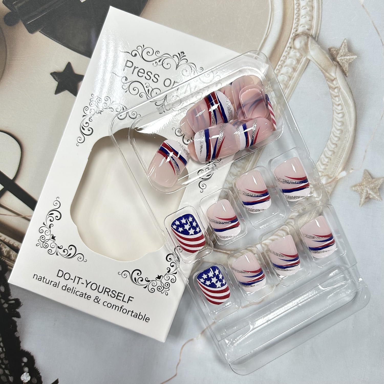 July 4 Press on Nails Short Square Artificial Acrylic Nails USA Flag Pattern False Nails Stripe Design Fake Nails Full Cover Glossy Coffin Nails Holiday Nails Glue on Nails for Women Independence Day - Image 3