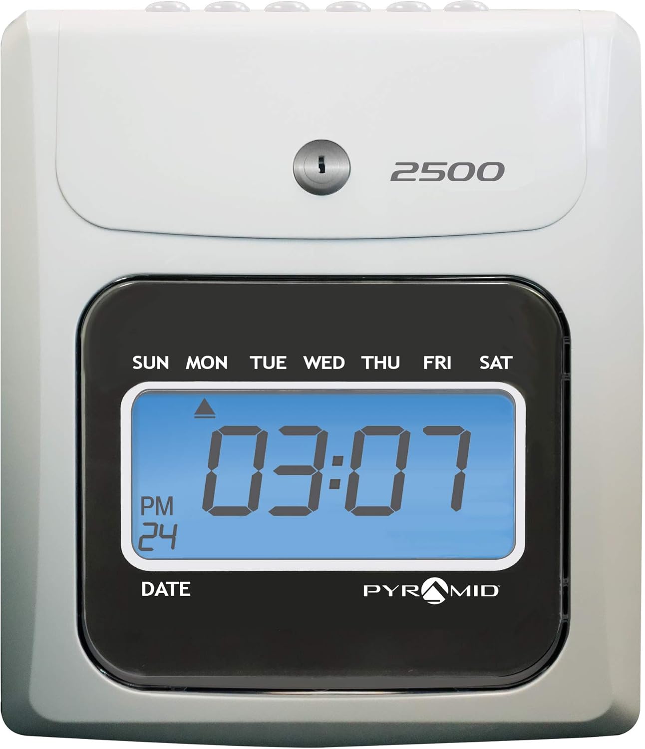 Pyramid Time Systems 2500K1 Bundle, Includes Model 2500 Auto Aligning and Top Loading Time Clock, 100 time Cards, Two Ink Ribbon cartridges, one 10 Slot time Card Rack and Two Security Keys : Office Products