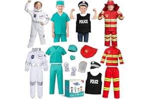 XIMOEO 4 in 1 Toddler Dress Up Clothes 3-8 Year Career Dress Up Doctor Astronaut Police Vest Fireman Costume Kids Pretend Play Toys Birthday 3 4 5 6 7 Year Old boy Toys Halloween Costumes Red