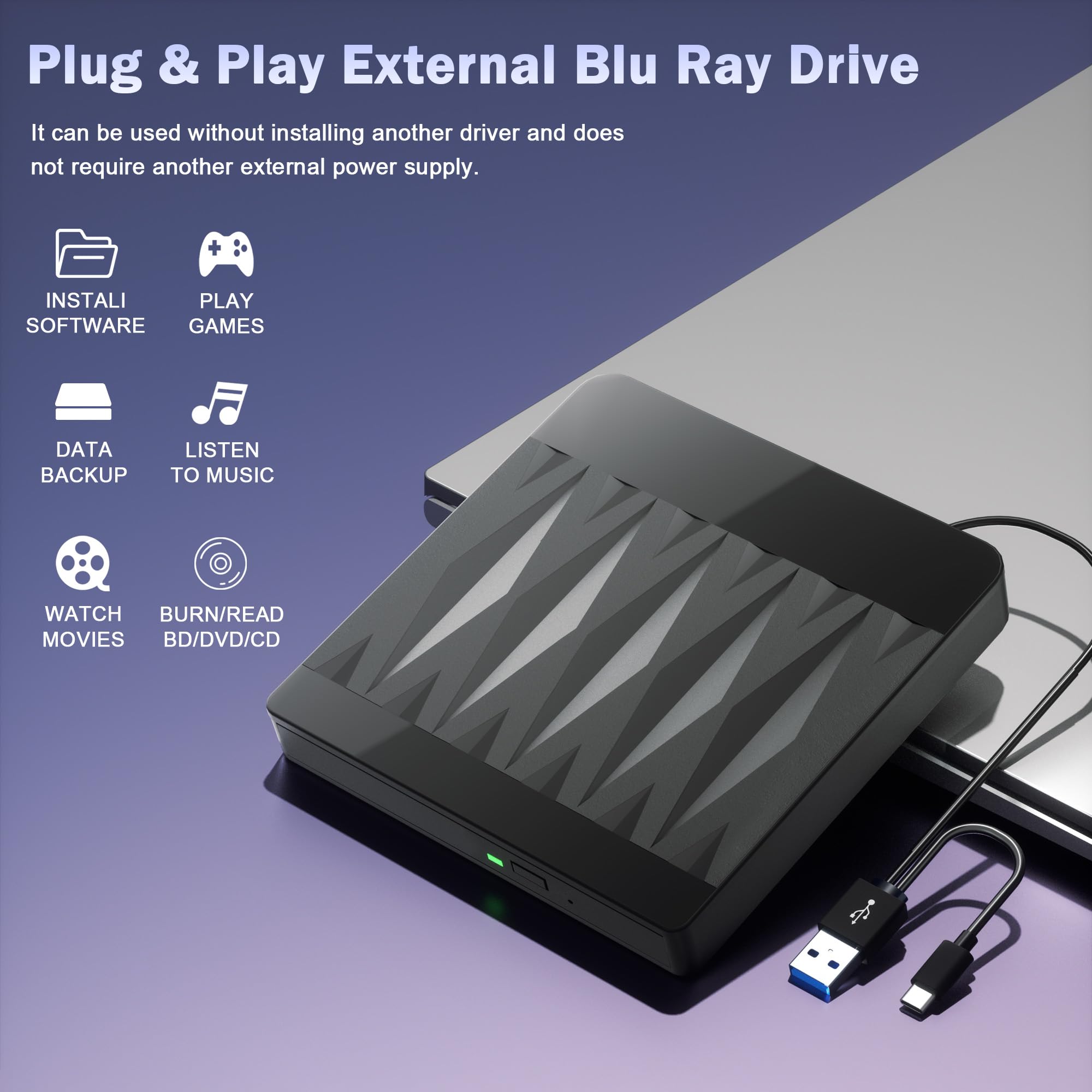 Taopjwr External Blu Ray Drive Support 50G Disc Read/Write, 3D Portable USB 3.0&Type-C External Blueray/DVD Drive for PC, CD/DVD/Blu Ray Burner Suitable for Windows MacOS Linux Laptop Desktop