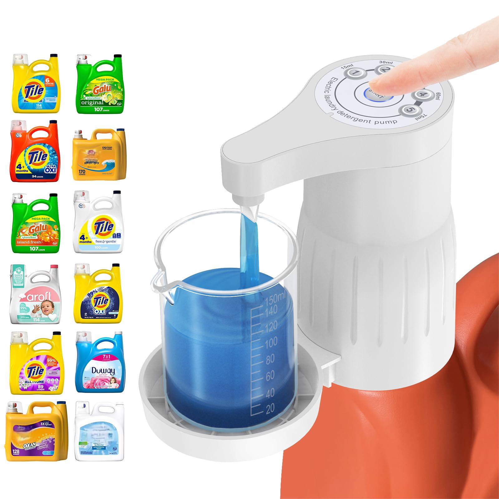Photo 1 of ARLION Electric Laundry Detergent Pump - Reusable Laundry Detergent Dispenser with Graduated Cup for Liquid Detergent, USB Rechargeable, Ideal for Laundry Room Organization (White)