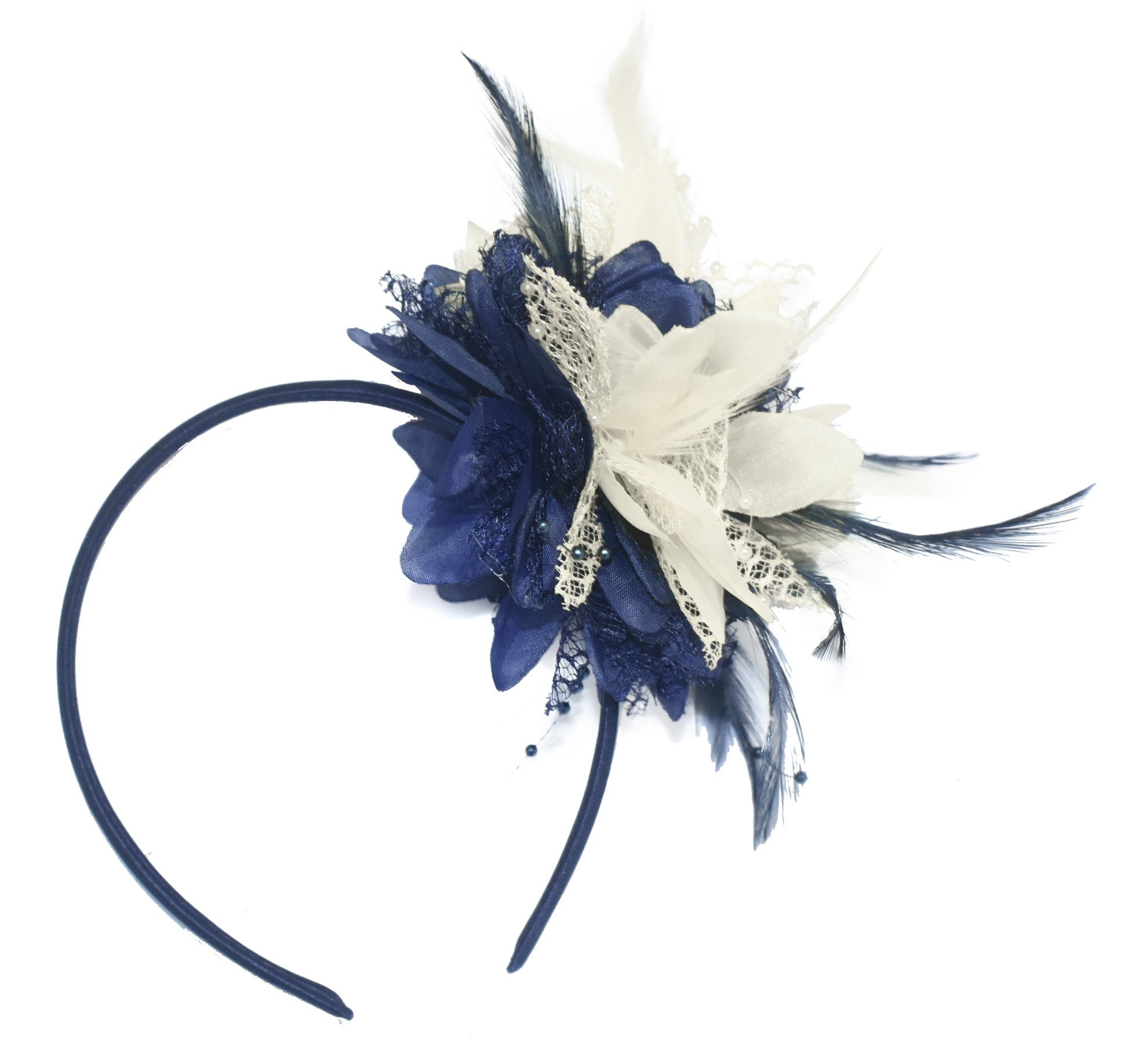 Caprilite Navy Blue and Cream Ivory Fascinator on Headband for Ascot Weddings